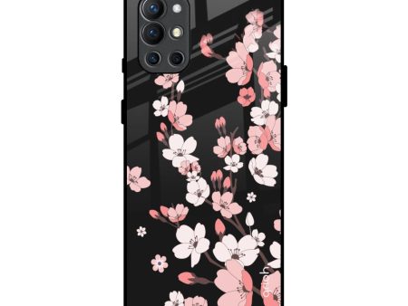 Black Cherry Blossom Glass Case for OnePlus 9R Online Sale