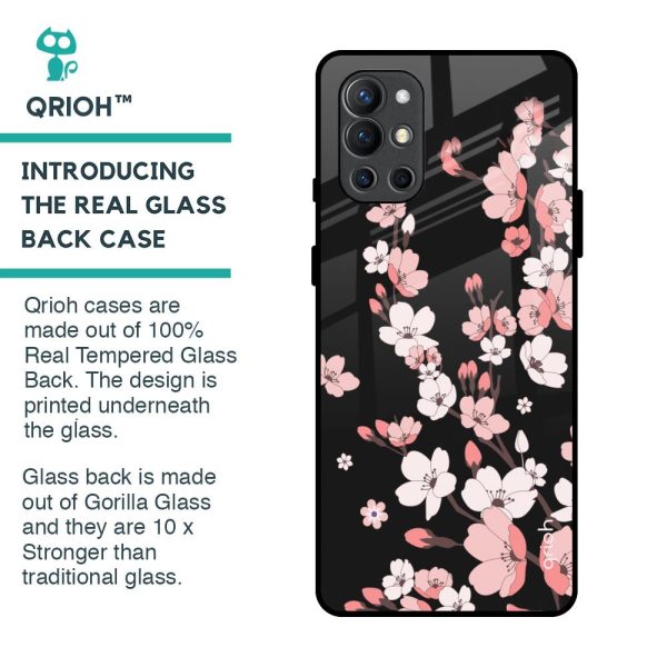 Black Cherry Blossom Glass Case for OnePlus 9R Online Sale