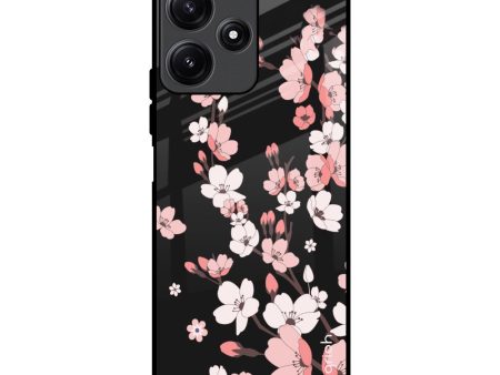 Black Cherry Blossom Glass Case for Redmi 12 5G Online Hot Sale